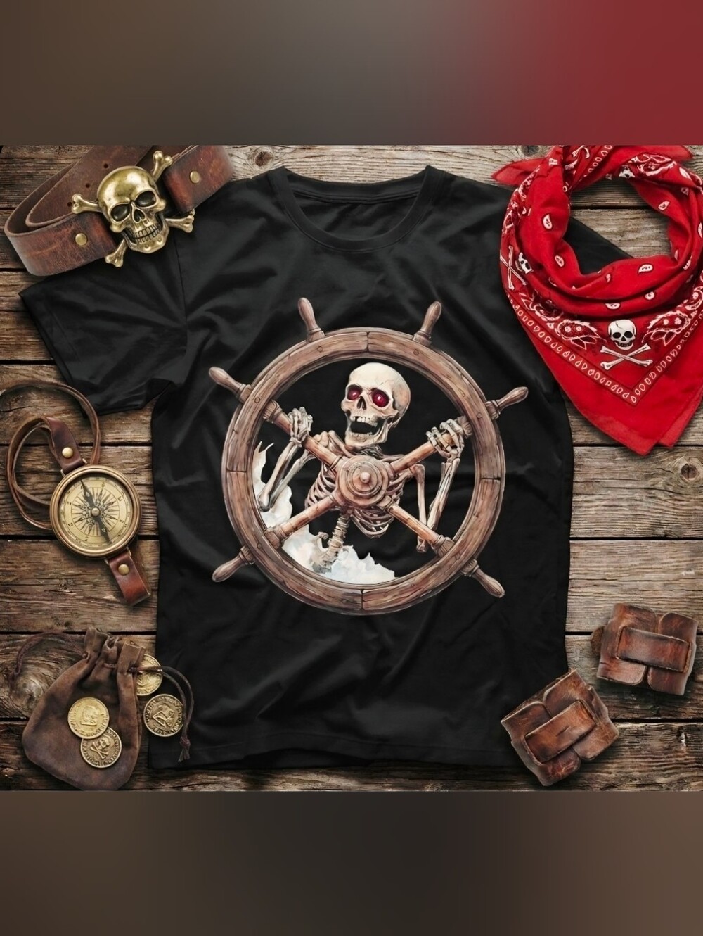 Unisex Skeleton Ship Wheel Tee | Pirate Ghost Graphic Shirt | Nautical Skull